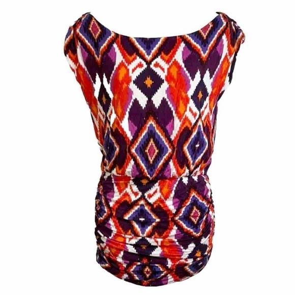 Bebe colorful Aztec bodycon scoop neck pullover cap sleeve mini dress small - Picture 1 of 6
